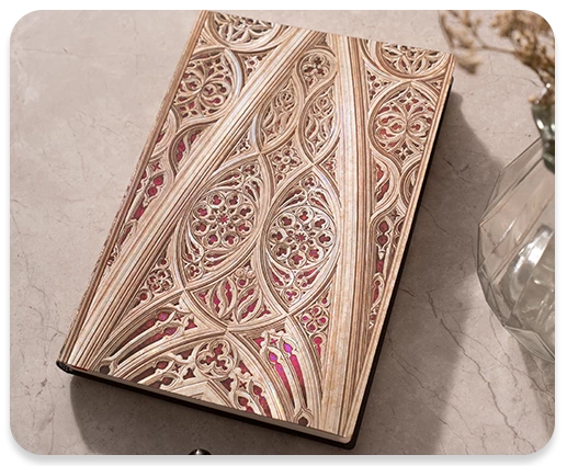 Intricate cathedral window design in burgundy.